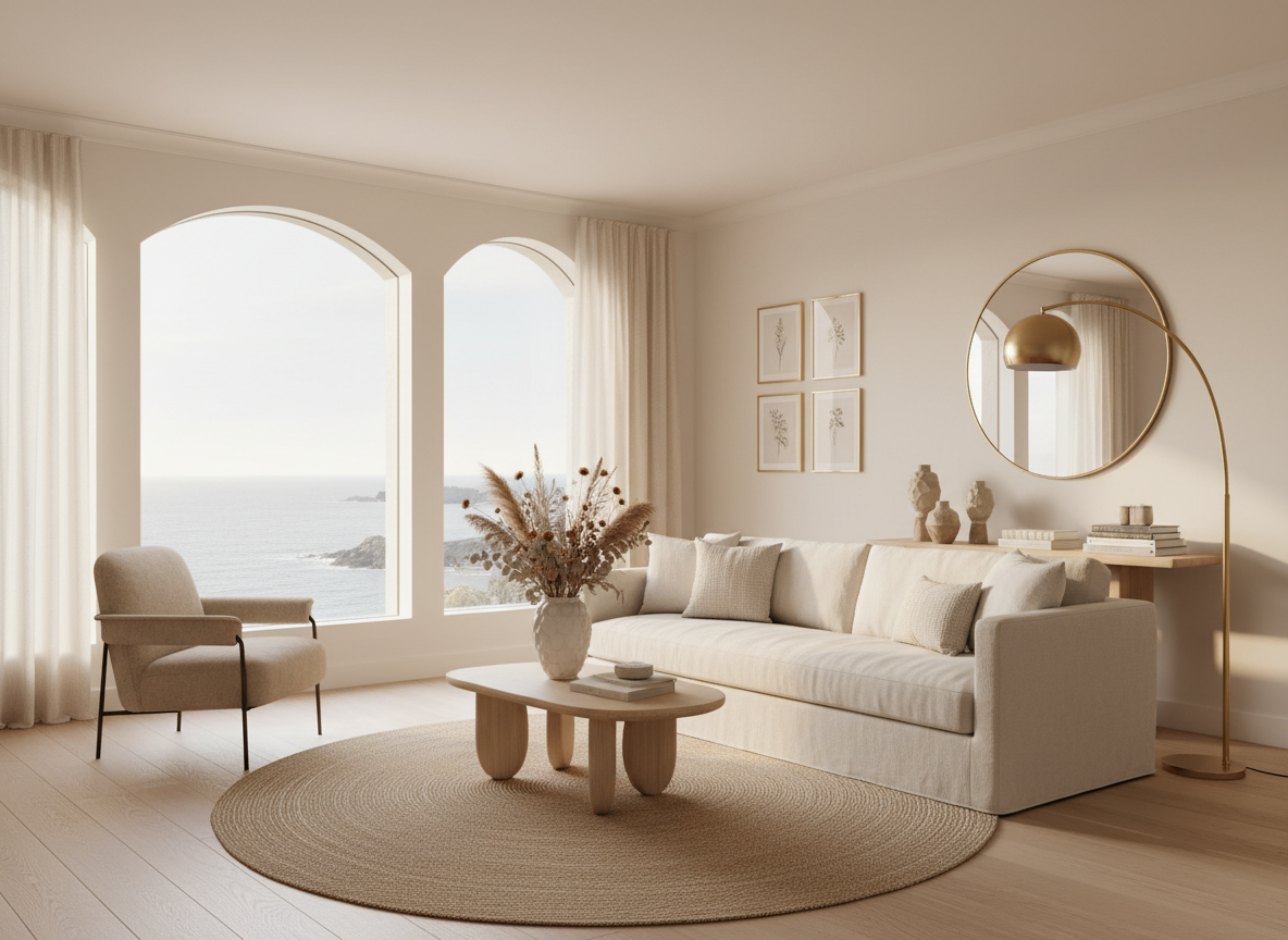 Intérieur élégant d'une location courte durée en Bretagne, lumière naturelle douce, décoration raffinée dans des tons crème et beige