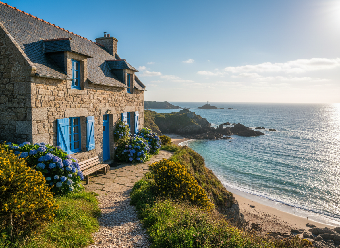 Maison en pierre bretonne avec volets bleus au bord de mer, Bretagne